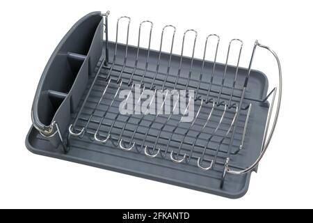 Empty aluminum dish rack shelf with a gray tray for drying dish and kitchenware, isolated on white Stock Photo