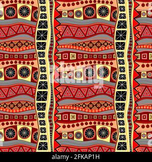 Interlacing of ornamental ribbons. Red, orange, yellow, white, gray and black elements create a joyful summer mood. Seamless pattern. Stock Vector