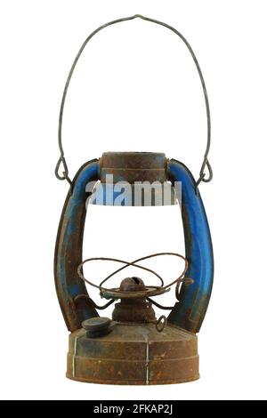 Old and rusty blue vintage oil lamp, isolated on white Stock Photo