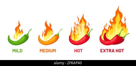 Spicy chili scale. Pepper with fire for spice strength levels mild, medium and extra hot for sauce or food labels, logo and menu, vector set Stock Vector