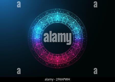 Digital neon color circle with connecting dots and lines in abstract style. Futuristic digital neon frame. Polygonal neon round shape, vector Stock Vector