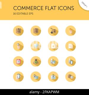 Commerce. Box, diamond, hand, swiping machine, security, money and calendar group. Isolated color icon set in a circle. Flat vector illustration Stock Vector