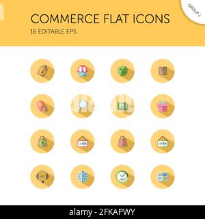 Commerce. Store, tag, wallet, pay, label, money, location and call center group. Isolated color icon set in a circle. Flat vector illustration Stock Vector