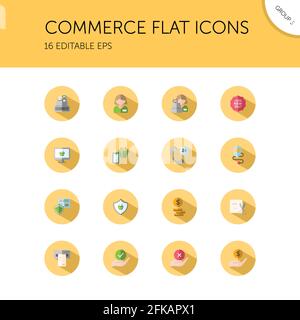 Commerce. People, cashier machine, phone, security, ticket, money and hands group. Isolated color icon set in a circle. Flat vector illustration Stock Vector