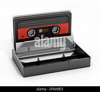 Vintage audio cassette and cassette case isolated on white background. 3D illustration. Stock Photo
