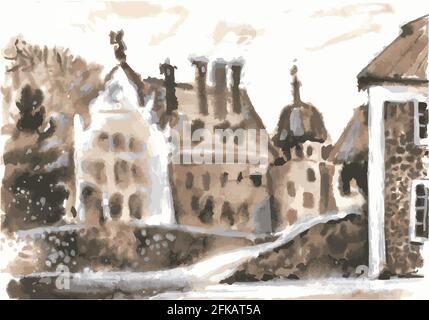 A piece of street with old houses in Cesvaine, Latvia. Monochrome, sepia, sketch. Stock Vector