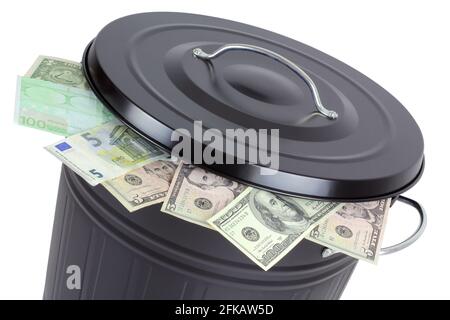 Euro and Dollar banknotes in a trash can isolated on white Stock Photo