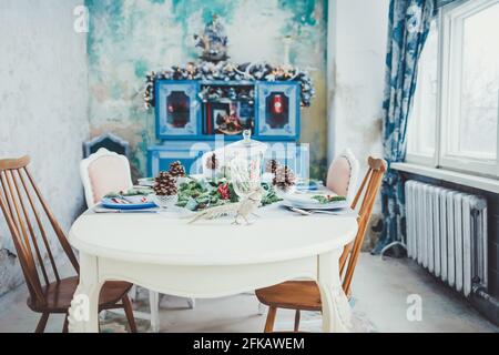 Interior vintage bright kitchen with Christmas decor Stock Photo