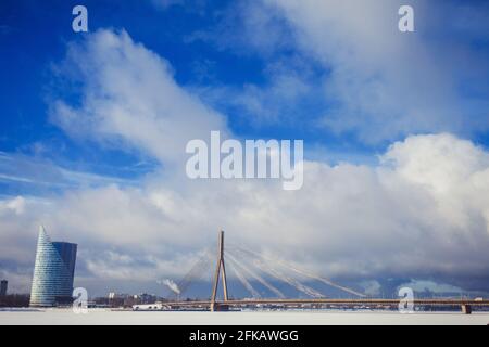 Winter image of the Vansu bridge the river Daugava in the Latvian capital of Riga. Stock Photo