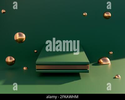 Minimal scene with geometric shapes. dark green and golden metal colours. Trendy 3d render for social media banners, promotion, cosmetic product show Stock Photo