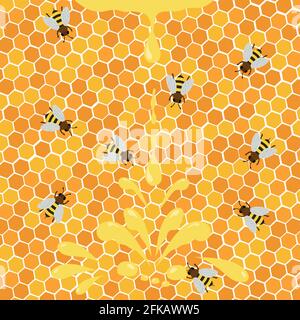 Honey splash dripping sweet drops from bee honeycomb poster for beekeeping honey shop or bakery. Stock Vector