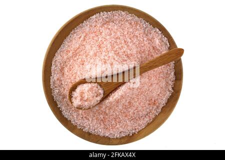 Pink Himalayan Salt, Sea Salt, Mountain Salt and Epsom Salt in a wooden spoon Stock Photo