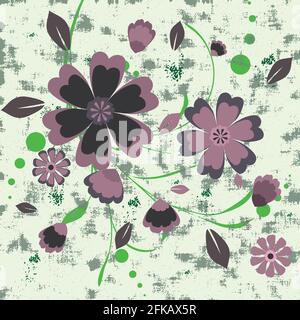 A bunch of flowers in grunge style. Purple flowers end green accents. Stock Vector