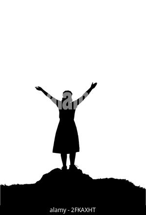 A woman in a skirt dress stands on the top of the mountain and raised her hands up. Stock Vector