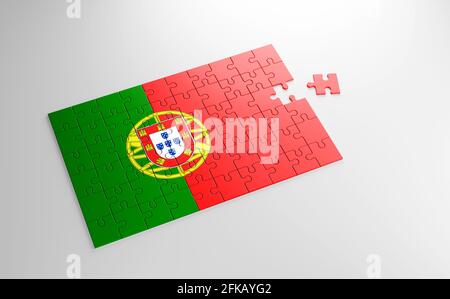 A jigsaw puzzle with a print of the flag of Portugal, pieces of the puzzle isolated on white background. Fulfillment and perfection concept. Symbol Stock Photo