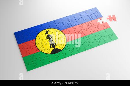 A jigsaw puzzle with a print of the flag of New Caledonia, pieces of the puzzle isolated on white background. Fulfillment and perfection concept. Stock Photo