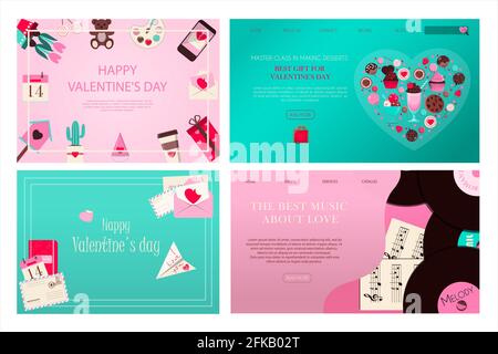 Set of banners for valentine s day. Romantic picture in pink, turquoise and red. A music store with records and songs for the holiday of all lovers Stock Vector