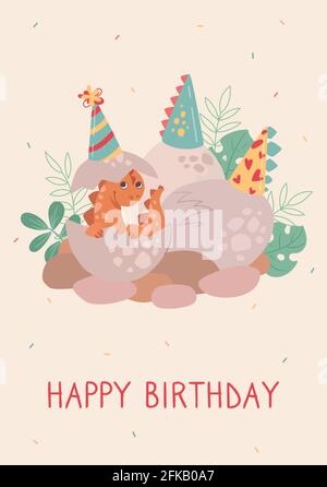 Cute baby birthday card. A small dinosaur hatched from an egg. Dino nest, celebration and fun. Festive vector card for kids. Stock Vector