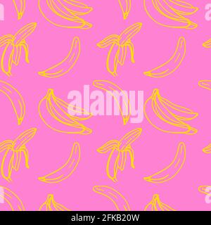 Vector seamless pattern with illustration of bananas in line art yellow color on a pink Stock Vector