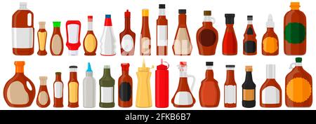 Illustration on theme kit varied glass bottles filled liquid sauce maple syrup. Bottles consisting from sauce maple syrup, empty labels for titles. Sa Stock Vector