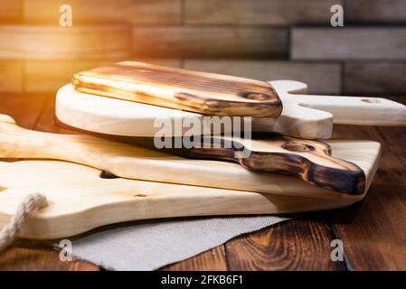Handmade chopping boards. Lots of cutting boards. Stock Photo