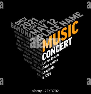 Dark Music concert poster template layout with isometric 3d text on the corner edge. Simple graphic flyer layout with nice trendy typography on black Stock Vector