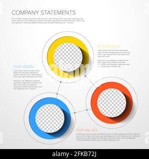 Vector Mission, vision and values company diagram schema infographic statement with circle photo placeholders for corporate images. Three strategy bus Stock Vector