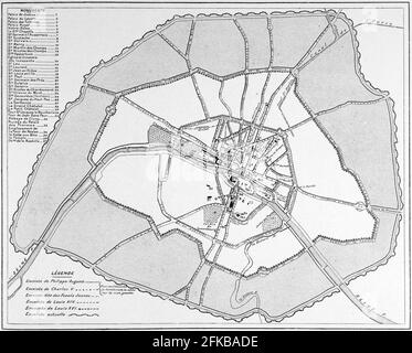 Map of Paris fortifications In : Louis Barron, Paris Pittoresque 1800-1900. La Vie - Les Moeurs - Les Plaisirs, Paris, Société Française d'Editions d'Art L.-Henry May, 1899. Stock Photo