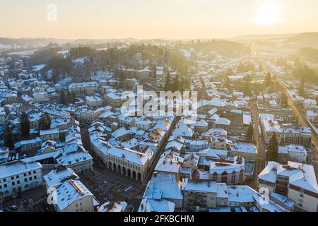 Wide Aerial shot of a well planned small town of france. Stock Photo