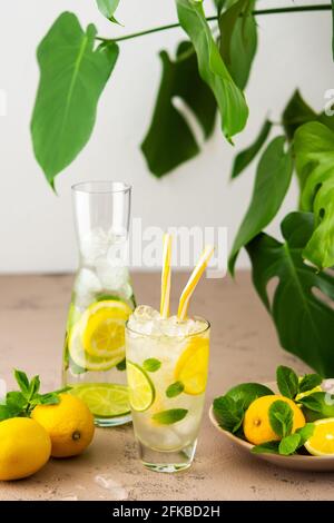 Cold refreshing lemonade in a glass with a straw, a glass with sliced lemon and lime wedges, mint leaves and cold water with ice Stock Photo