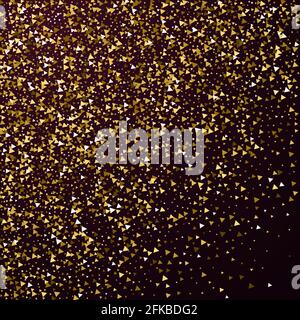 Gold triangles luxury sparkling confetti. Scattered small gold particles on red maroon background. Amusing festive overlay template. Fantastic vector Stock Vector