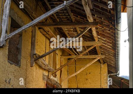 Wooden support structure used for supporting the weight of roof. Stock Photo