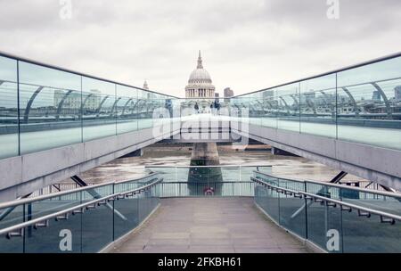 A panoramic view of st pauls cathedral and  entrance to the millennium bridge in London, UK. Stock Photo