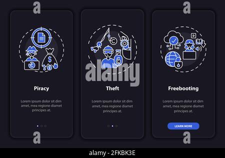 Copyright violation types onboarding mobile app page screen with concepts Stock Vector