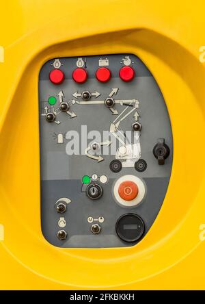 Control panel equipment for hydraulic crane or lifting, telescopic platform, close-up. Stock Photo