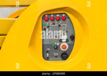 Control panel equipment for hydraulic crane or lifting, telescopic platform, close-up. Stock Photo