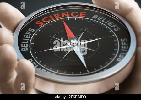 Hand holding a compass with needle pointing the word scientific instead of beliefs. Composite image between a hand photography and a 3D background. Stock Photo
