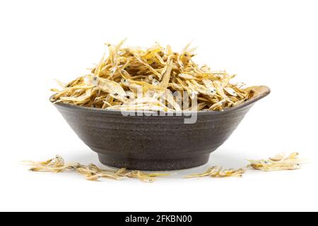 Dry anchovy (stolephorus indicus) fish in ceramic bowl isolated on white background. Stock Photo