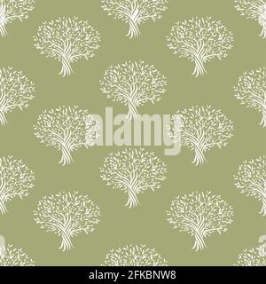 Seamless pattern of olive trees isolated on green background Stock Vector