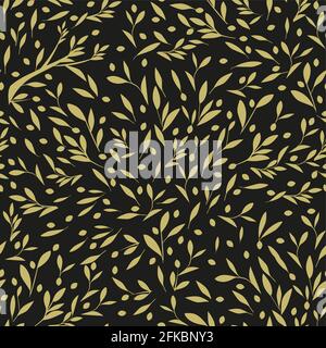 Seamless pattern of olive branches, olives and leaves, isolated on dark background Stock Vector