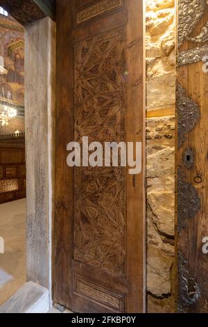 Ayyubid carved wooden door, Tomb of Imam al-Shafi'i, Cairo, Egypt Stock Photo