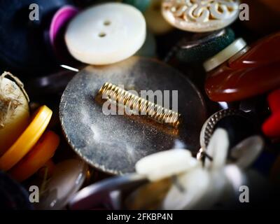 Collection of assorted spare clothes buttons. Macro. DOF Stock Photo