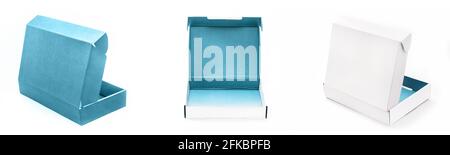 Set of open blue white empty carton boxes isolated on white background. Mock up template Stock Photo
