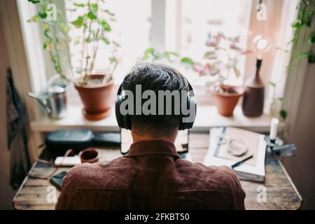 Rear view of businessman working at home during pandemic Stock Photo