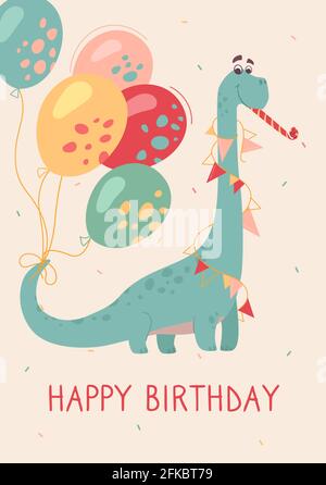 Funny brontosaurus on a greeting card. Dino plays a festive melody. Feast of dinosaurs, buntings and balloons. Funny childrens vector postcard, beige background Stock Vector