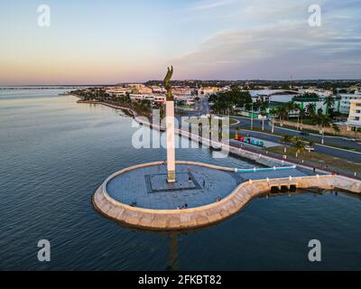 Aerial of the Angel Maya statue, Malecon, the historic fortified town of Campeche, UNESCO World Heritage Site, Campeche, Mexico, North America Stock Photo