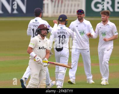 London, UK. 30th Apr, 2021. Surrey's Rory Burns is out as Surrey take on Hampshire in the County Championship at the Kia Oval, day two. Credit: David Rowe/Alamy Live News Stock Photo