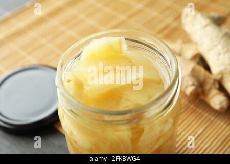 Jar of pickled ginger slices, close up Stock Photo