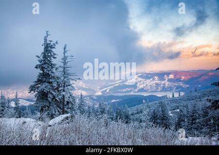 Ceahlau Massif in winter, Eastern Carpathians, Neamt County, Moldavia, Romania, Europe Stock Photo