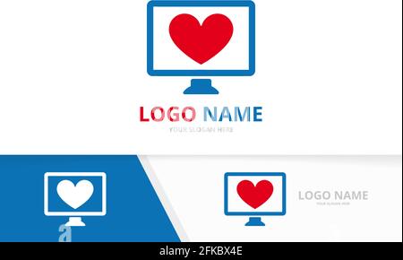 Vector heart and computer logo combination. Unique laptop logotype design template. Stock Vector